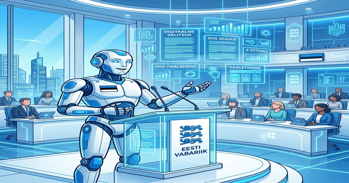 Robot legislator with Estonian flag and screen showing AI law analysis