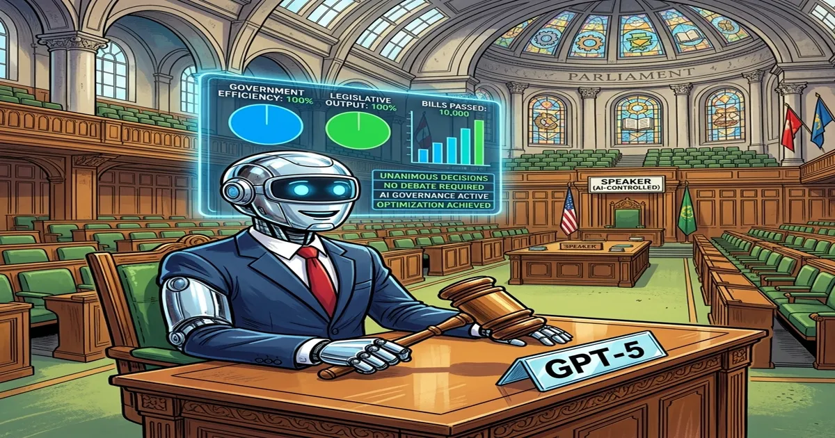 AI robot in empty legislative chamber with screen showing approval charts