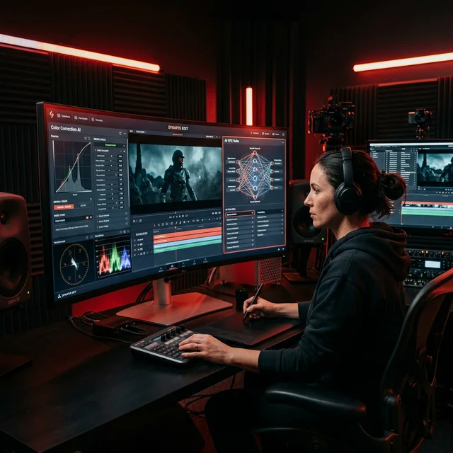 Film director using AI-powered post-production tools in professional studio