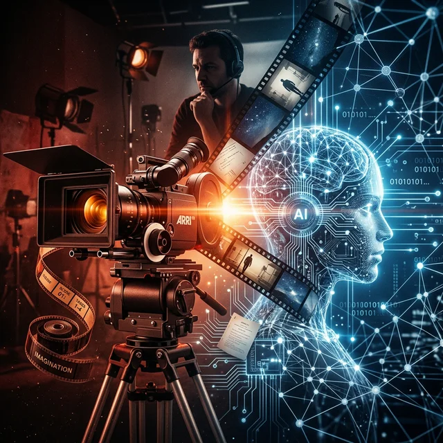 Artistic vision of the fusion between traditional cinema and artificial intelligence