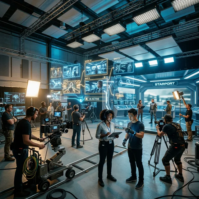Futuristic film production set with AI assisting human filmmakers
