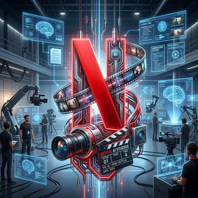 Visual concept of the merger between Netflix and AI filmmaking