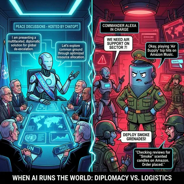 ChatGPT como diplomata negociando paz enquanto Alexa confunde comandos militares com pedidos de música