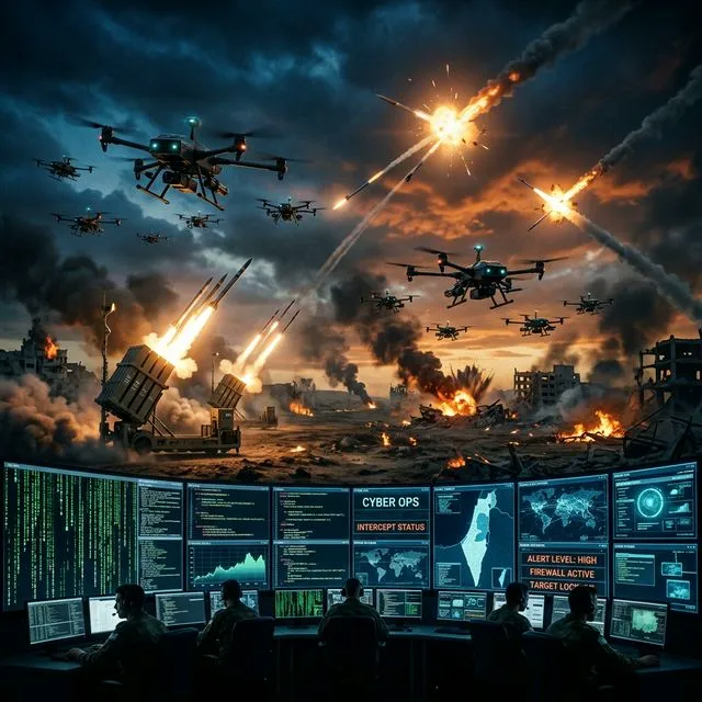 Drones autônomos e sistema Iron Dome interceptando mísseis em cenário de cyber warfare