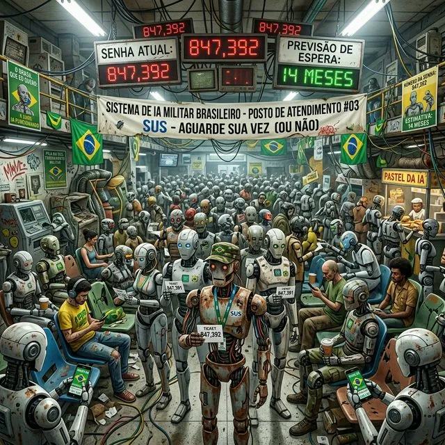 Sistema militar brasileiro com IA do SUS: fila de robôs com senha 847.392 e previsão de 14 meses