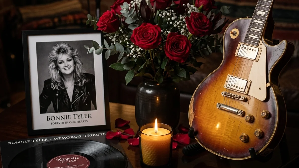 Memorial tribute to Bonnie Tyler, with candles and flowers left by fans in her honor.