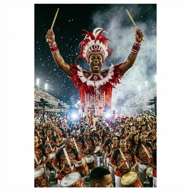 Mestre de bateria regendo a percussão durante desfile de escola de samba no Carnaval do Rio