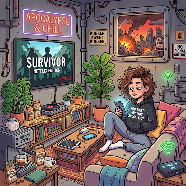 Humorous illustration of a millennial in a luxury bunker with WiFi, Netflix, artisanal coffee and plants
