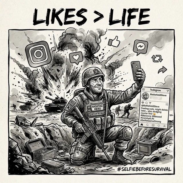 Soldier taking selfie with explosion in background in editorial cartoon style