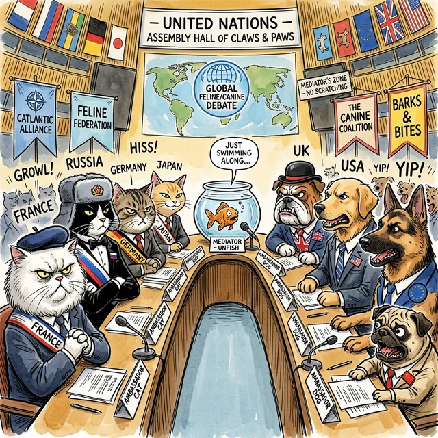 Hilarious cartoon with cats and dogs as diplomats at the UN