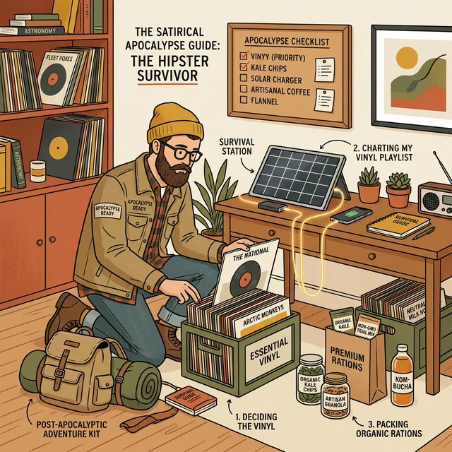 Hipster preparing apocalypse survival kit with vinyl records and organic snacks
