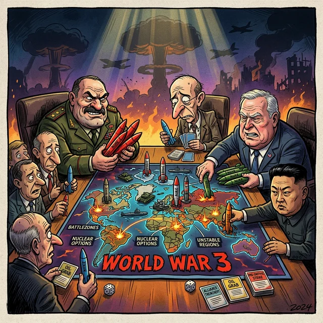 Satirical editorial cartoon of world leaders playing a board game called World War 3