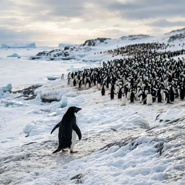 Pinguim Adélie caminhando sozinho para longe da colônia em paisagem antártica dramática