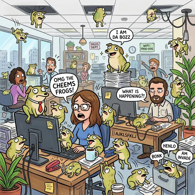 Ilustração surreal de criaturas Drog Cheems Frog invadindo um escritório moderno causando caos absoluto