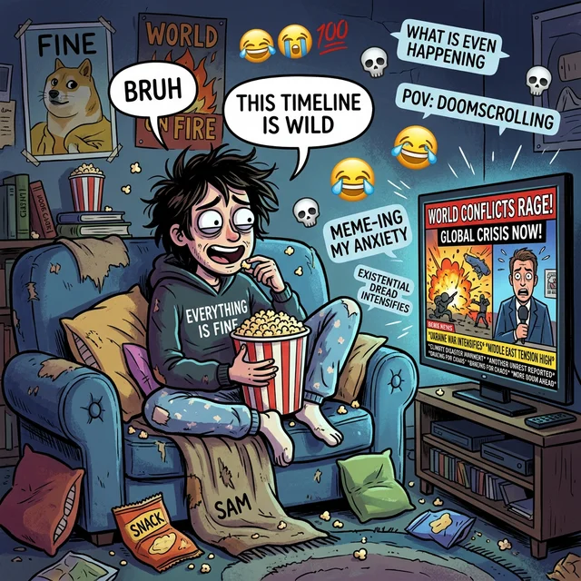 Pessoa sentada no sofá comendo pipoca assistindo notícias caóticas na TV com memes e emojis flutuando ao redor em estilo de humor da internet