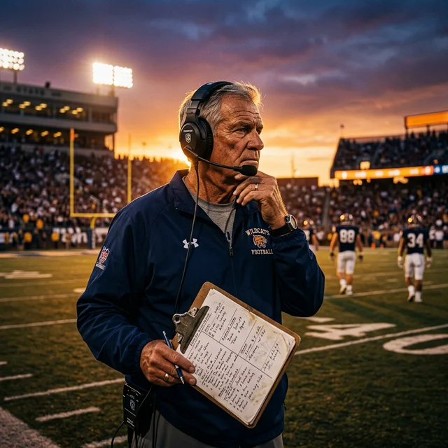 Veteran football coach on field at sunset wearing headset and holding clipboard with stadium lights creating golden halo effect