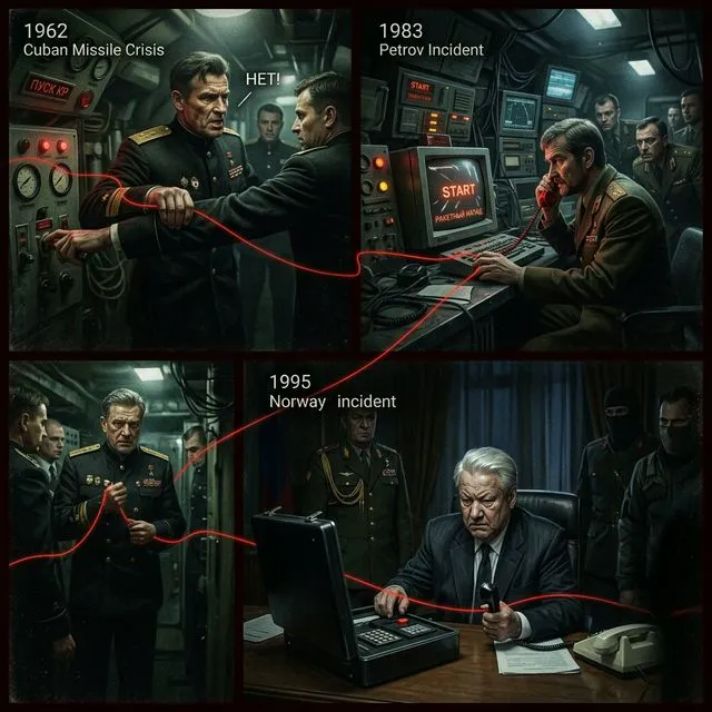 Illustration of historical moments when the world almost ended — Petrov, Cuba, Norway