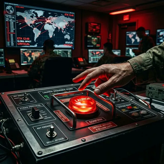 The red nuclear button on a command desk — the most powerful visual metaphor of concentrated power