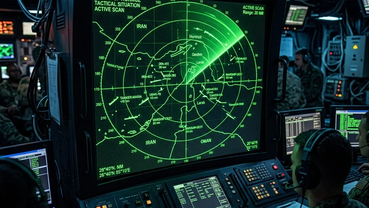Monitor operativo de radar rastreando naves en el Estrecho de Ormuz.