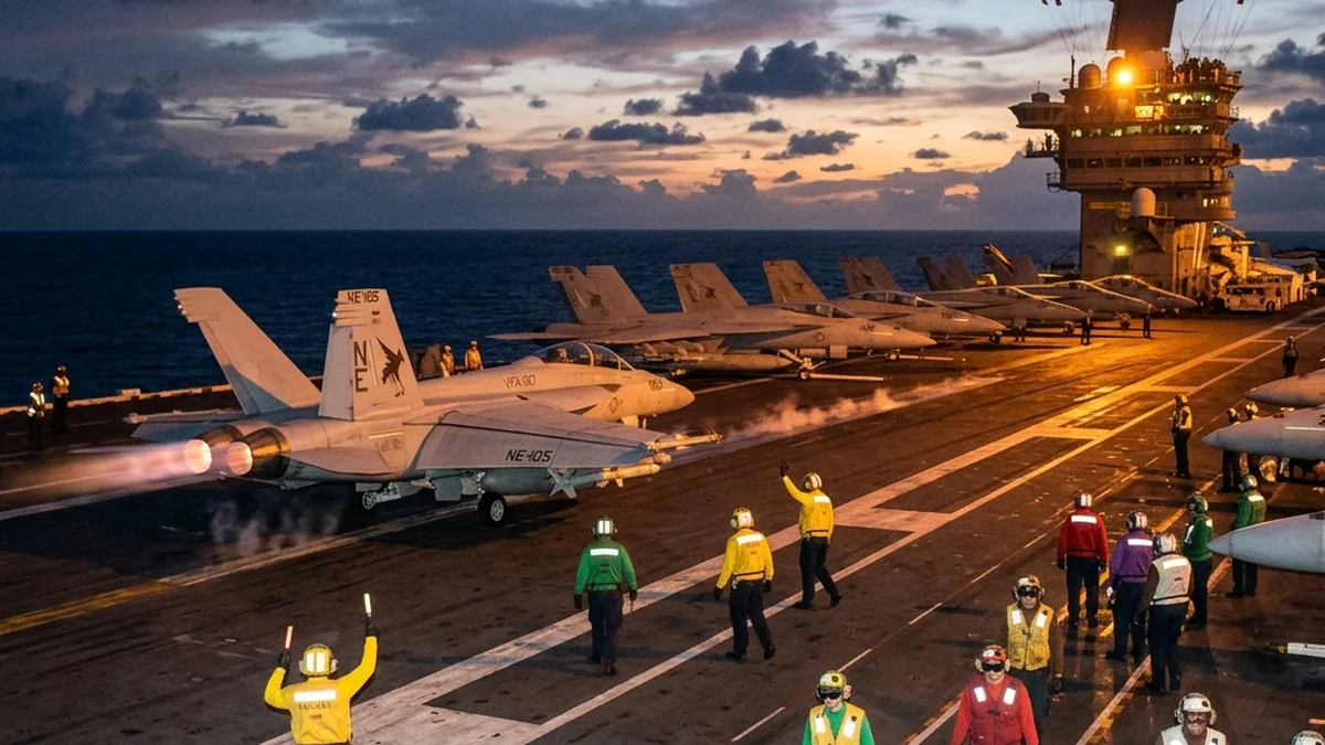 Aviones militares listos sobre la cubierta del portaaviones en el Golfo Pérsico.