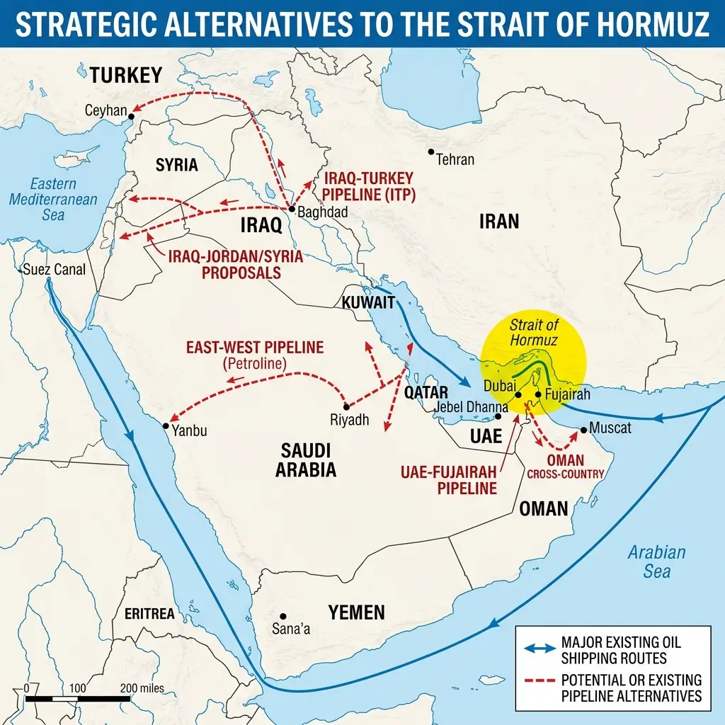 Mapa estratégico mostrando rotas alternativas de petróleo caso o Estreito de Hormuz seja bloqueado