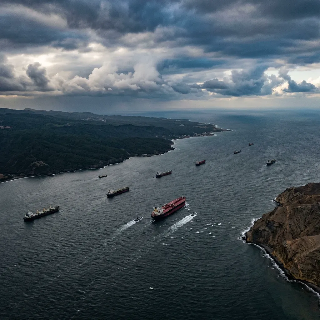 Vista aérea do Estreito de Hormuz mostrando a estreita passagem entre Irã e Omã
