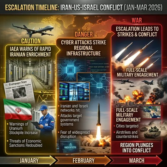 Visual chronology of the January-March 2026 escalation — from uranium enrichment to open war