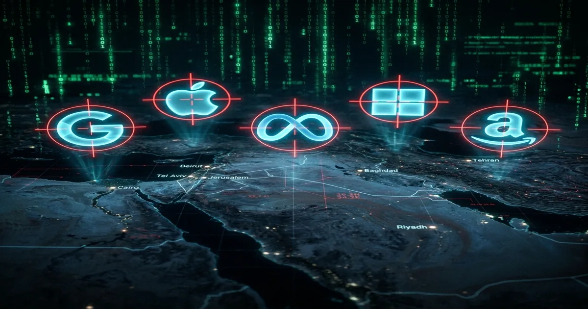 Digital representation of Iranian cyber operations against Big Tech companies