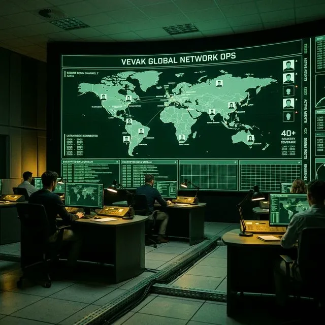Centro de operações do VEVAK com mapa global mostrando rede de espionagem em 40+ países