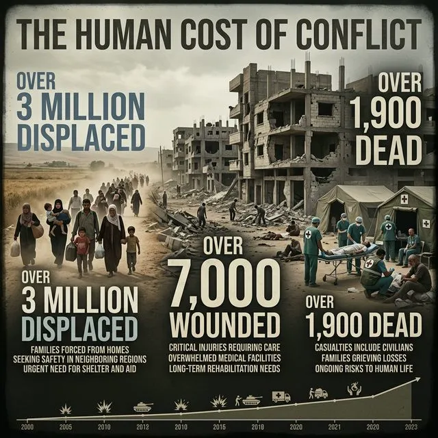 Infográfico do custo humano: 1.900+ mortos, 7.000+ feridos, 3+ milhões deslocados