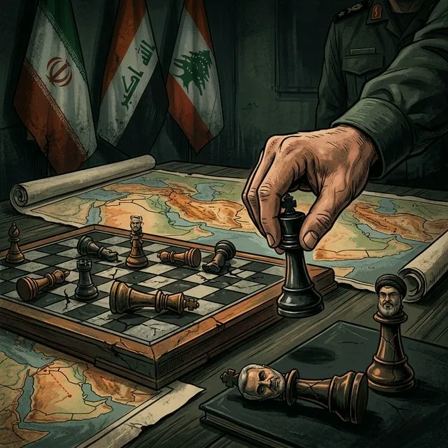Tabuleiro de xadrez geopolítico com peças representando líderes eliminados: Soleimani, Nasrallah, Khatib
