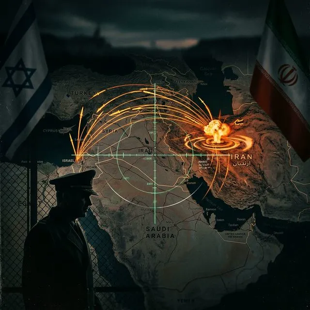 Mapa do Oriente Médio com trajetórias de mísseis entre Israel e Irã, silhueta de figura de inteligência