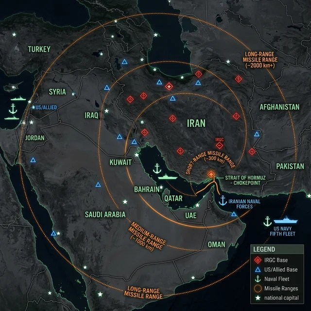 Mapa estratégico militar do Oriente Médio mostrando posições militares dos EUA e do Irã, alcance de mísseis e bases no Golfo Pérsico