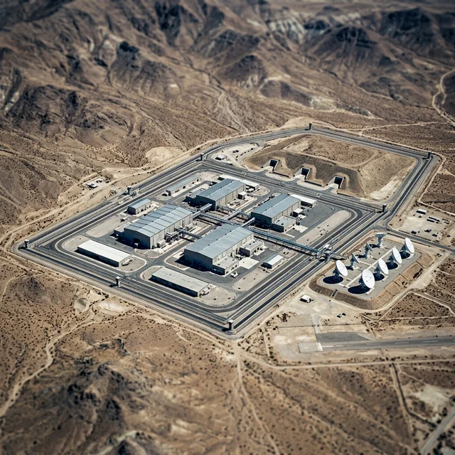 Vista aérea de instalação nuclear em paisagem desértica árida cercada por montanhas, com cercas de segurança e antenas parabólicas