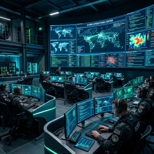 Centro de comando de guerra cibernética com múltiplas telas mostrando mapas de redes, fluxos de código e visualizações de ataques digitais