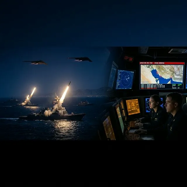 Vista aérea do Estreito de Ormuz com petroleiros passando pelo estreito canal entre Irã e Omã, com embarcações militares patrulhando