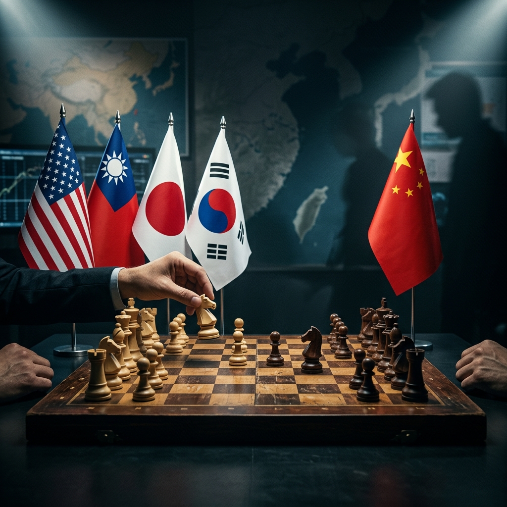 Bandeiras dos EUA, Taiwan, Japão e Coreia do Sul lado a lado representando a aliança indo-pacífica