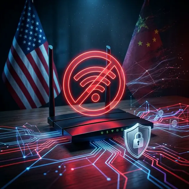 Roteador com bandeira americana sendo examinado por especialista em cibersegurança