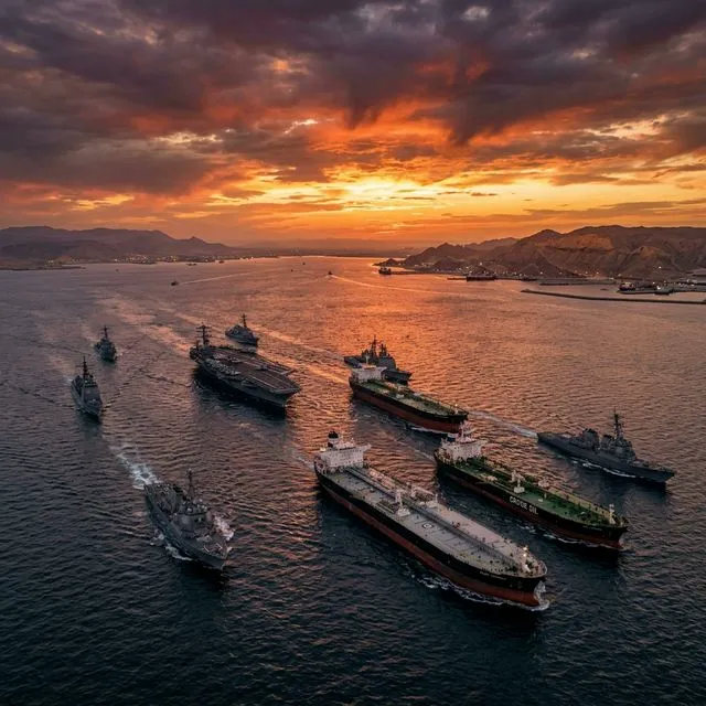 Vista aérea do Golfo Pérsico com navios de guerra e petroleiros ao pôr do sol