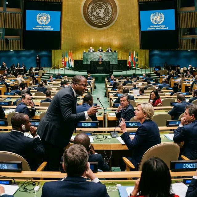 Assembleia Geral das Nações Unidas em sessão com delegados de múltiplos países