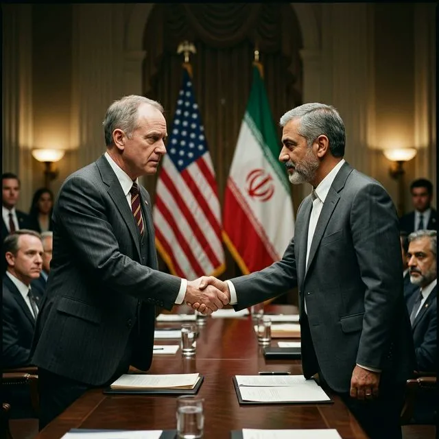 Líderes em negociação diplomática em mesa de reunião com bandeiras dos EUA e Irã ao fundo