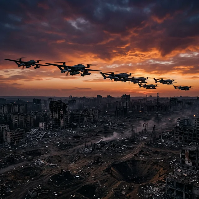 The drone revolution: $1,000 machines destroy $10 million tanks — Ukraine changed warfare forever Military drones in formation flying over a war-torn landscape at dusk