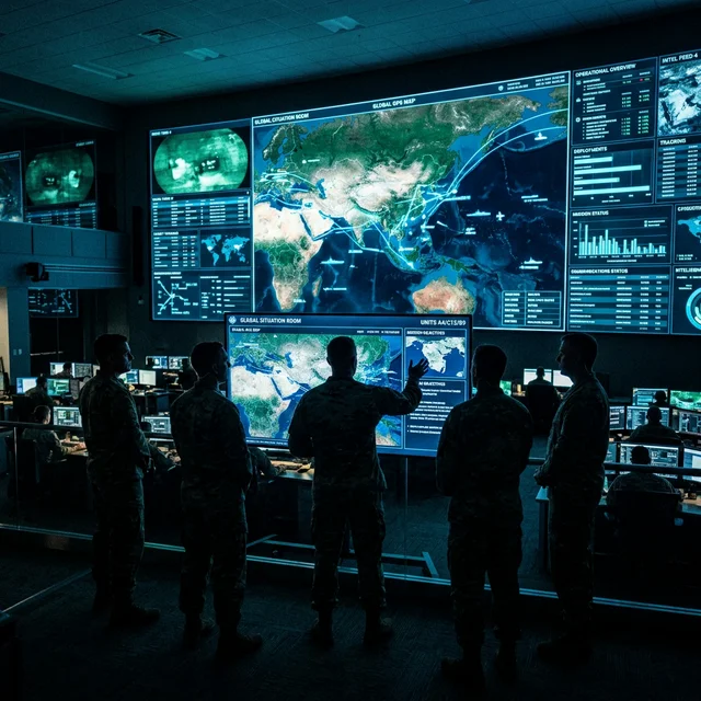 Military crisis room with maps and monitors