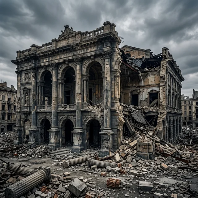 Mariupol Theater: the word 'CHILDREN' painted on the ground did not prevent the Russian bombing Ruins of the bombed theater symbolizing cultural and human destruction in Mariupol
