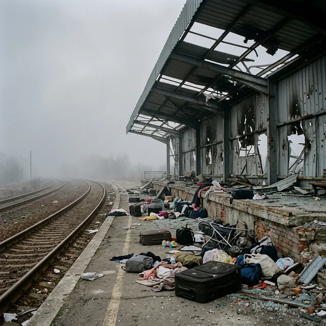 Kramatorsk Station: suitcases, toys, and belongings scattered across the destroyed platform — evacuation interrupted by death Destroyed Kramatorsk station platform with abandoned belongings after the missile attack