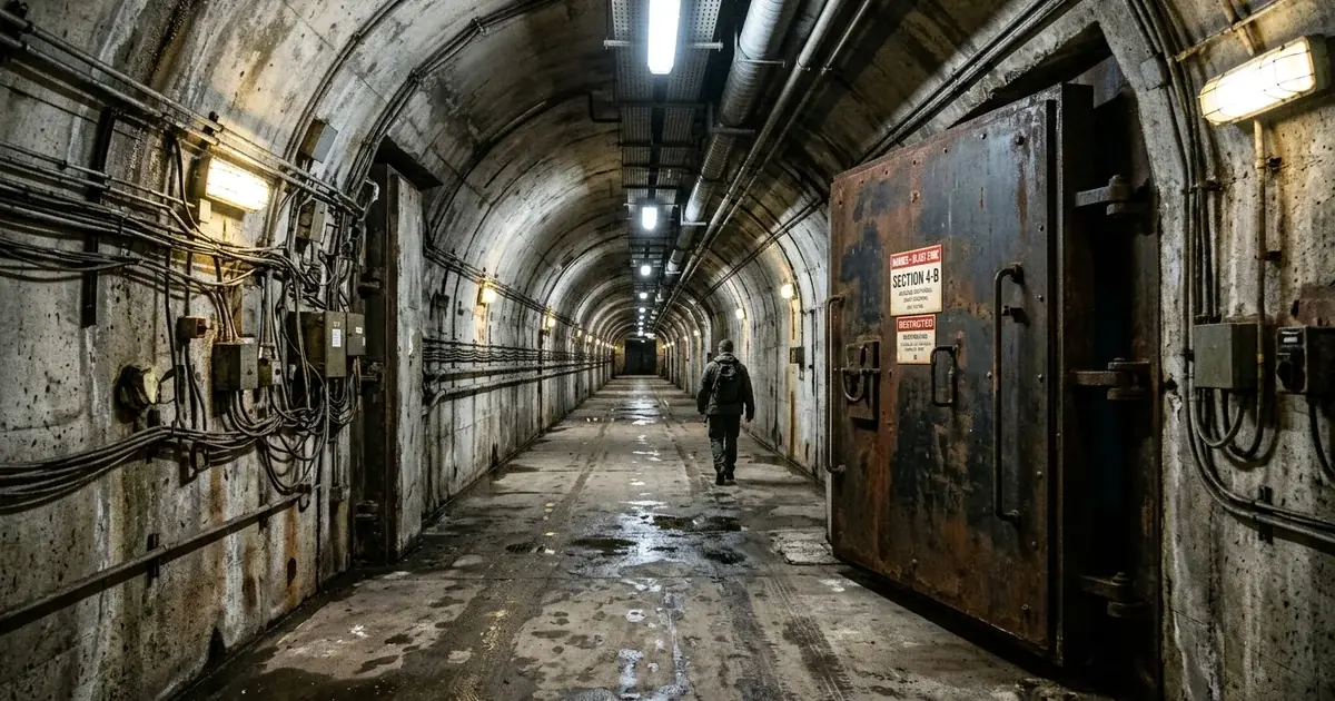 Entrada del Búnker: Las pesadas puertas blindadas de hormigón y acero del refugio militar en los Alpes