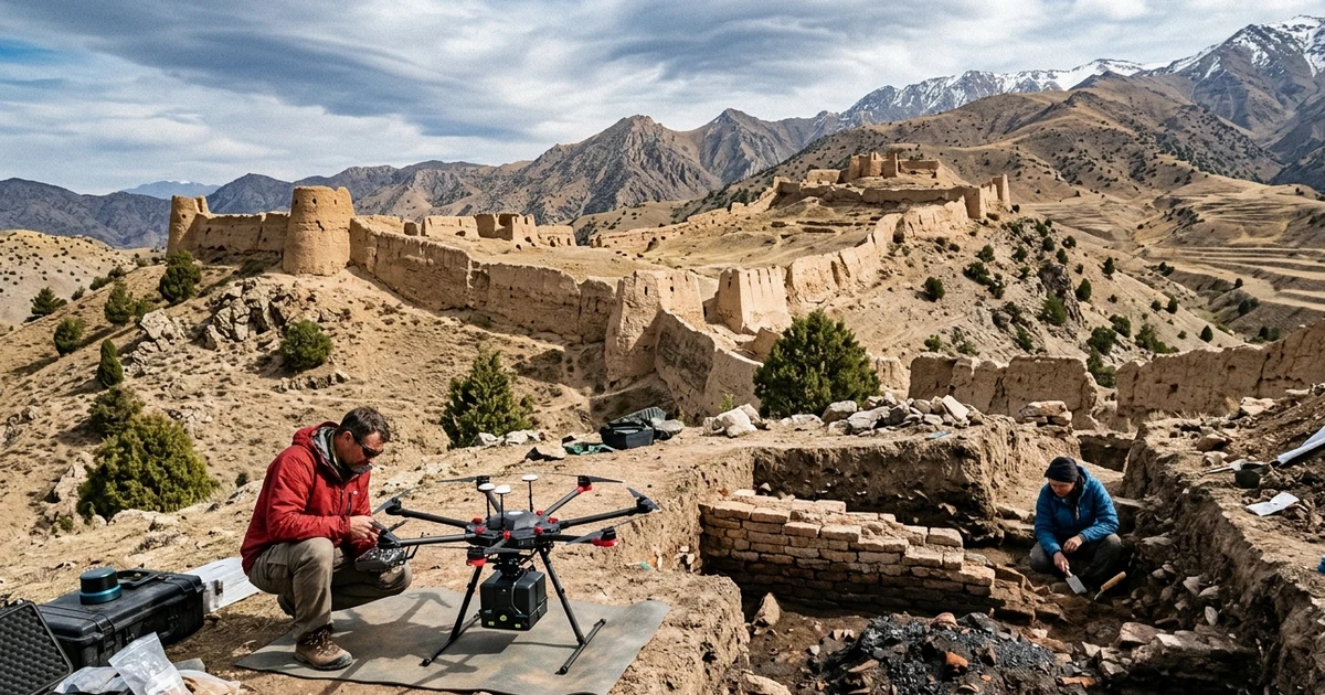 Ilustración documental de alta fidelidad basada en la expedición arqueológica real con dron LiDAR en la metrópoli medieval de Tugunbulak a 2.200 metros de altitud en las montañas de Malguzar en Uzbekistán