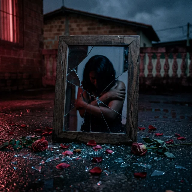 Broken mirror reflecting female silhouette with roses and shattered glass