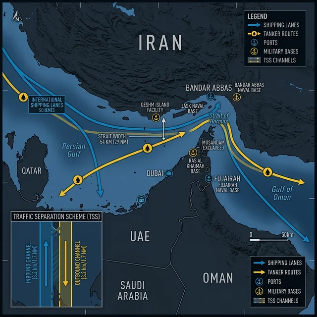 Mapa del Estrecho de Ormuz mostrando rutas de petroleros