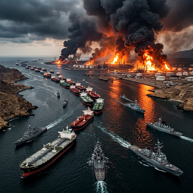 Aerial view of Strait of Hormuz with tankers and burning oil facilities